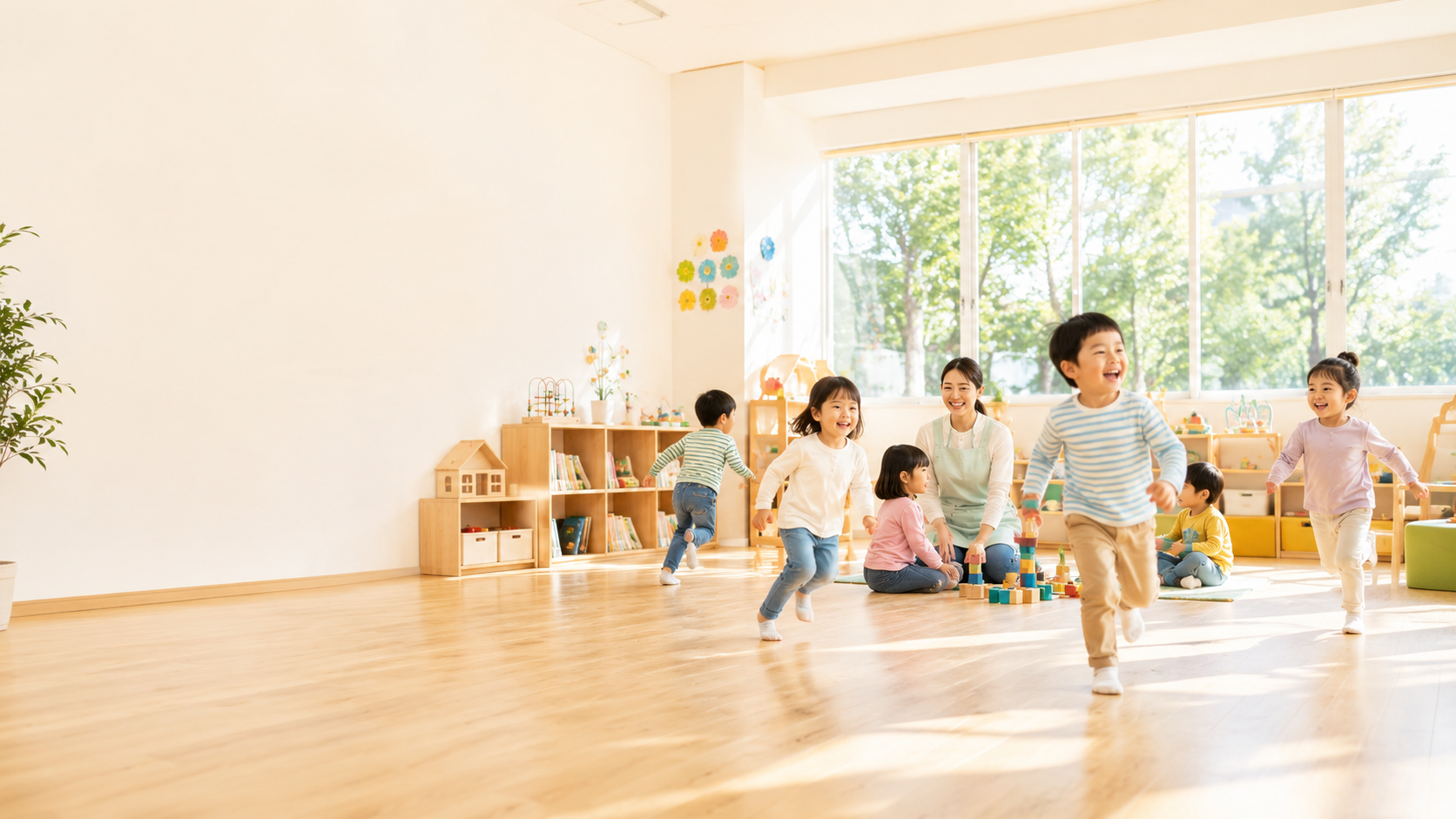 明るい教室で子どもたちがスタッフと一緒に遊ぶ様子